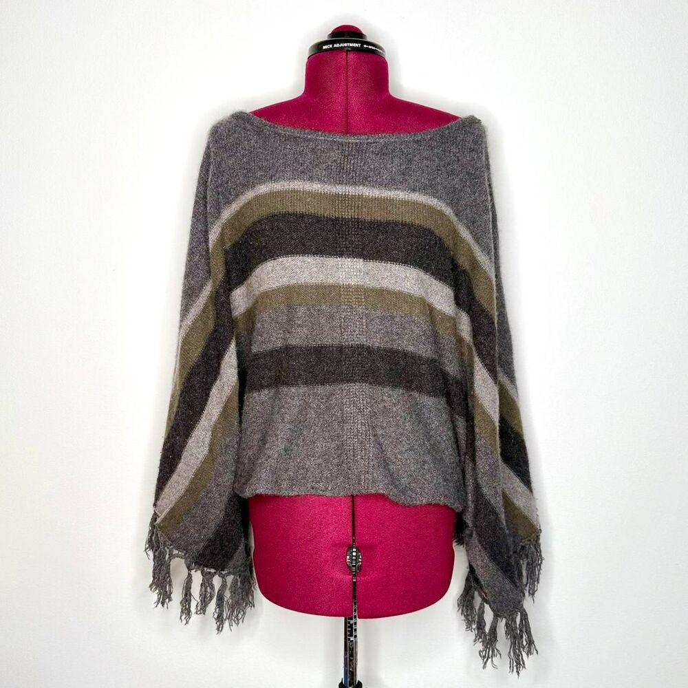 Graham & Spencer 100% Cashmere Grey & Olive Striped Poncho Shrug With Fringe - Picture 1 of 3